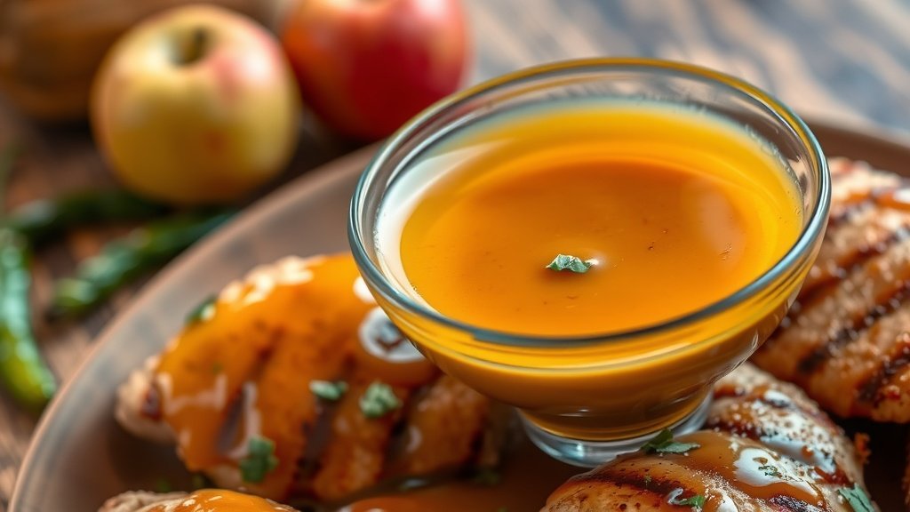 Tangy Apple Cider Chili Butter Sauce Recipe Bowl of apple cider chili butter sauce drizzled over grilled chicken with herbs, on wooden table with apples and chili peppers.