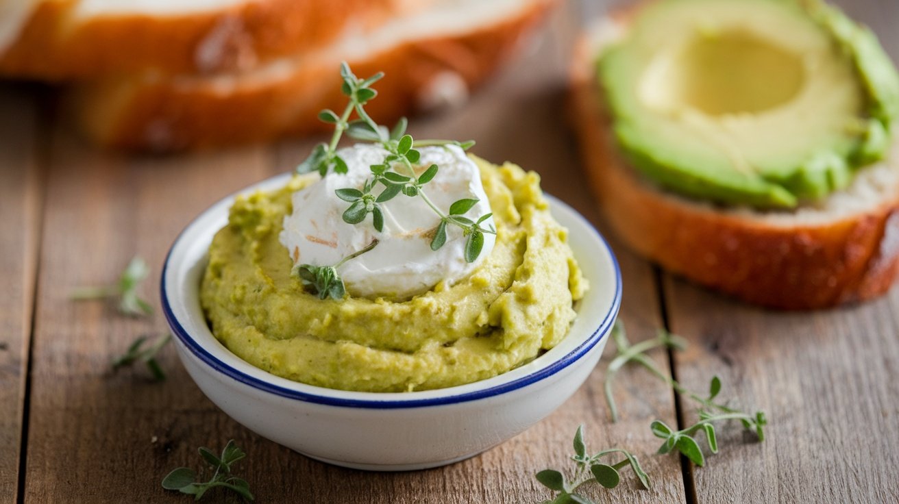 Creamy Avocado and Garlic Cream Cheese Spread A small bowl of creamy avocado and garlic cream cheese spread next to a slice of toast, garnished with herbs on a rustic table.