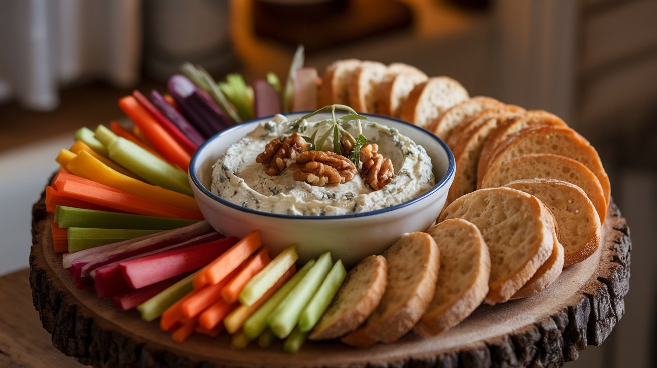 Rich and Creamy Blue Cheese and Walnut Dip A creamy blue cheese and walnut dip in a bowl, garnished with herbs, surrounded by vegetable sticks and crackers on a wooden platter.