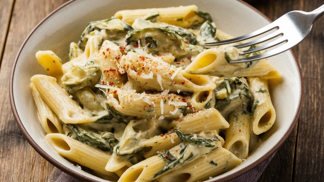 A inviting bowl of penne pasta in creamy spinach and artichoke sauce, garnished with Parmesan cheese and red pepper flakes.