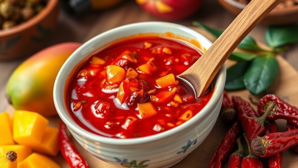 A bowl of fruity and spicy red chili sauce with fresh ingredients like mango and dried chilies beside it.