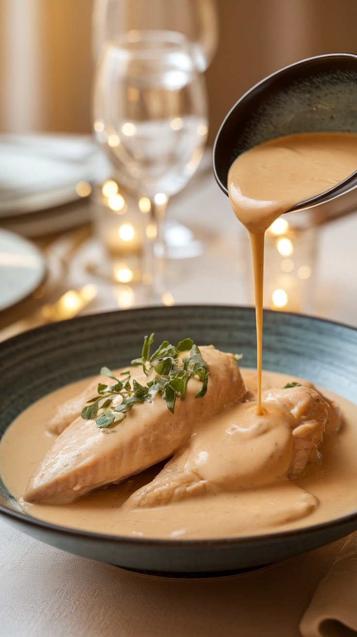 Gluten-Free Sauce Allemande Recipe Creamy gluten-free Sauce Allemande over chicken, garnished with herbs, on an elegantly set table.
