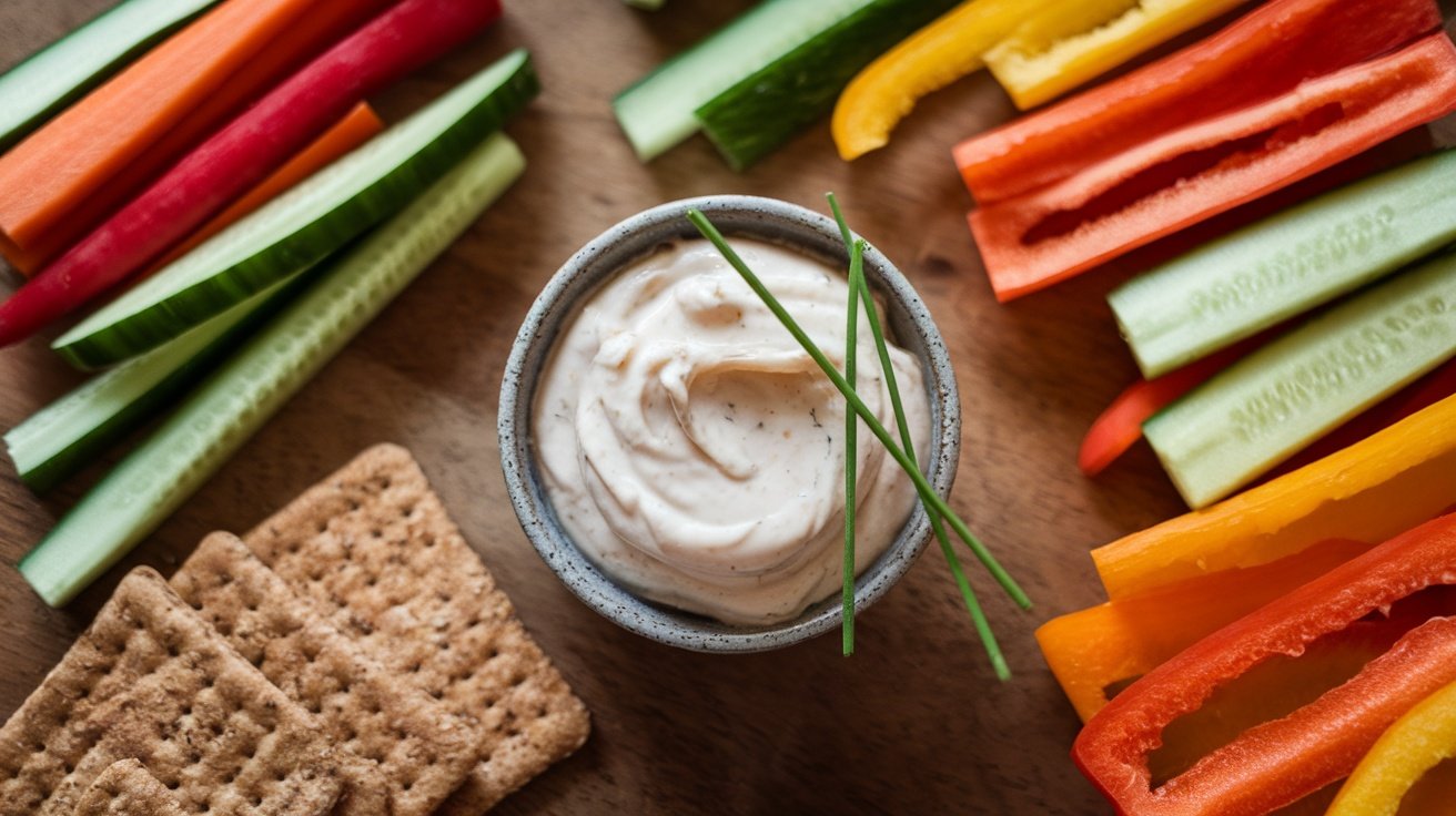 Creamy Honey Mustard Greek Yogurt Spread A bowl of honey mustard Greek yogurt spread with vegetable sticks and crackers on a rustic table.