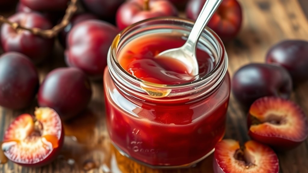 Sweet and Tangy Honey Plum Sauce Recipe A jar of honey plum sauce with fresh plums and honey on a wooden table.