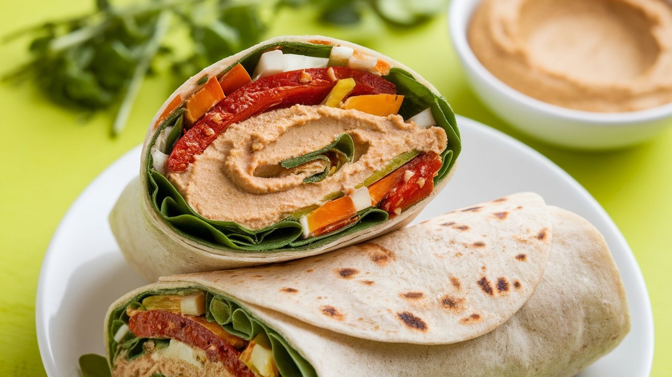 Mediterranean Hummus and Roasted Red Pepper Wrap Mediterranean wrap with hummus and roasted red peppers, sliced in half on a table with fresh herbs.