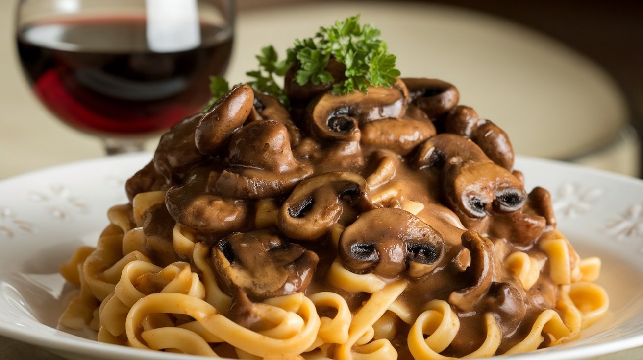 Rich and Savory Mushroom Marsala Sauce Pasta with Mushroom Marsala Sauce, garnished with parsley and a side of Marsala wine.