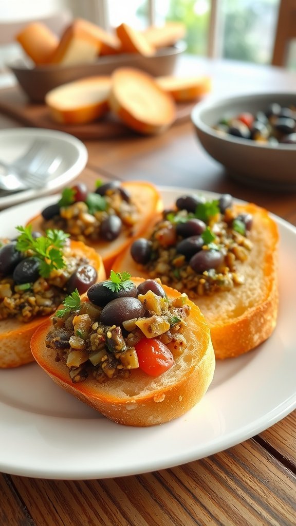 Savory Olive Tapenade on Toast Toasted baguette slices with olive tapenade on a rustic wooden table.