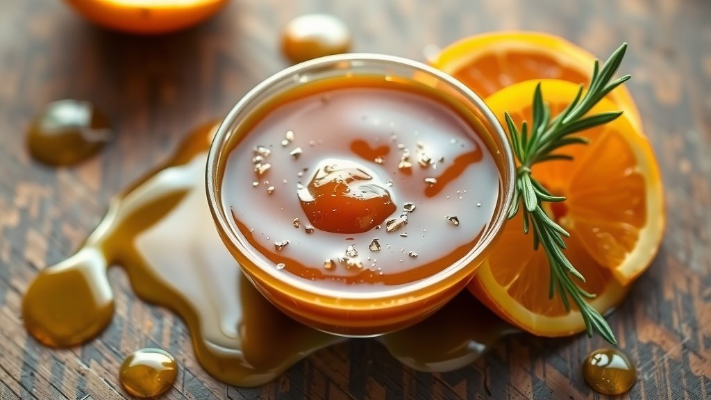 Zesty Orange Rosemary Balsamic Butter Sauce Bowl of orange rosemary balsamic butter sauce with fresh oranges and rosemary on a rustic table.