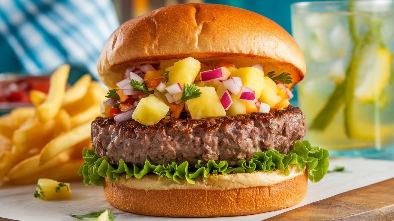 A juicy hamburger with pineapple salsa on a bun, served with fries and a drink.