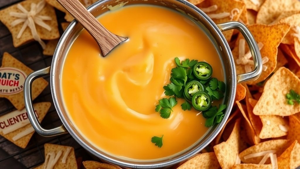 Creamy Sharp Cheddar Cheese Sauce Creamy cheddar cheese sauce over tortilla chips, garnished with jalapeños, in a pot on a rustic table.