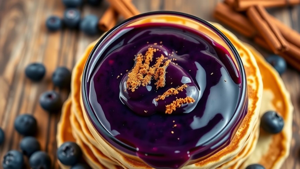 Tangy Spiced Blueberry Sauce Recipe A vibrant bowl of blueberry sauce drizzled over pancakes, garnished with cinnamon, fresh blueberries on a rustic table.