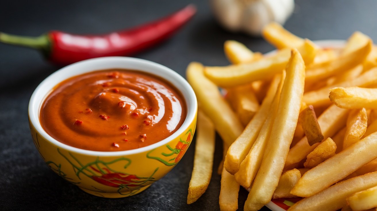 A bowl of sweet chili sauce next to crispy French fries, with chili pepper and garlic in the background.