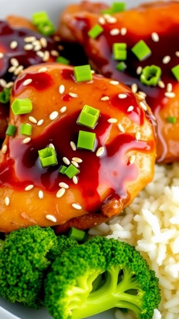 Savory Teriyaki Glazed Chicken Recipe Teriyaki glazed chicken on a plate with rice and broccoli, garnished with sesame seeds and green onions.