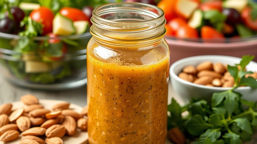 Toasted Almond Vinaigrette Dressing Recipe Toasted almond vinaigrette in a jar with salad ingredients and toasted almonds.
