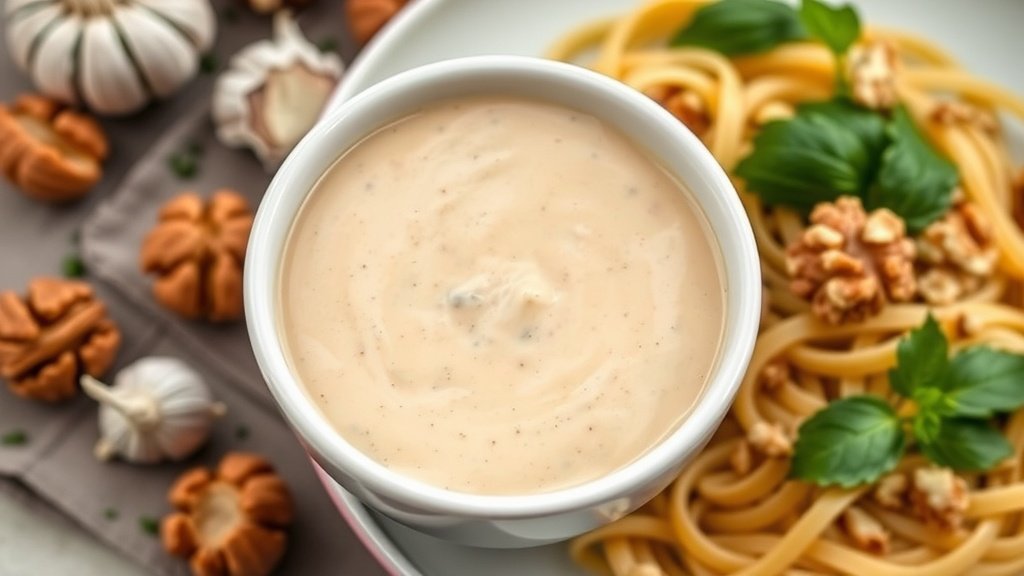 Rich and Creamy Walnut Sauce Recipe A smooth and creamy walnut sauce in a white bowl with garlic and walnuts, served over pasta.