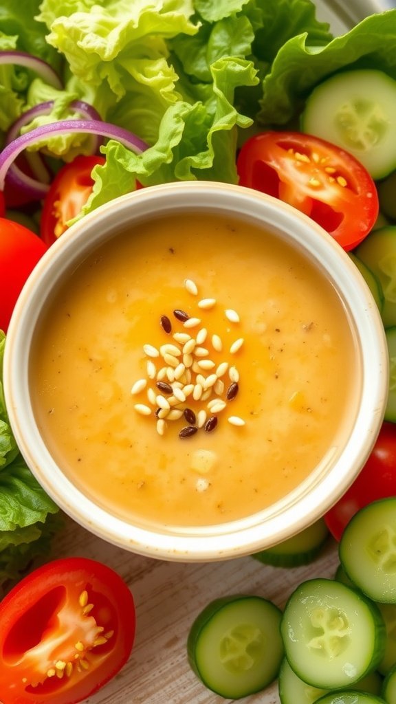 Classic Japanese Sesame Salad Dressing Recipe A bowl of Japanese sesame salad dressing with salad ingredients.