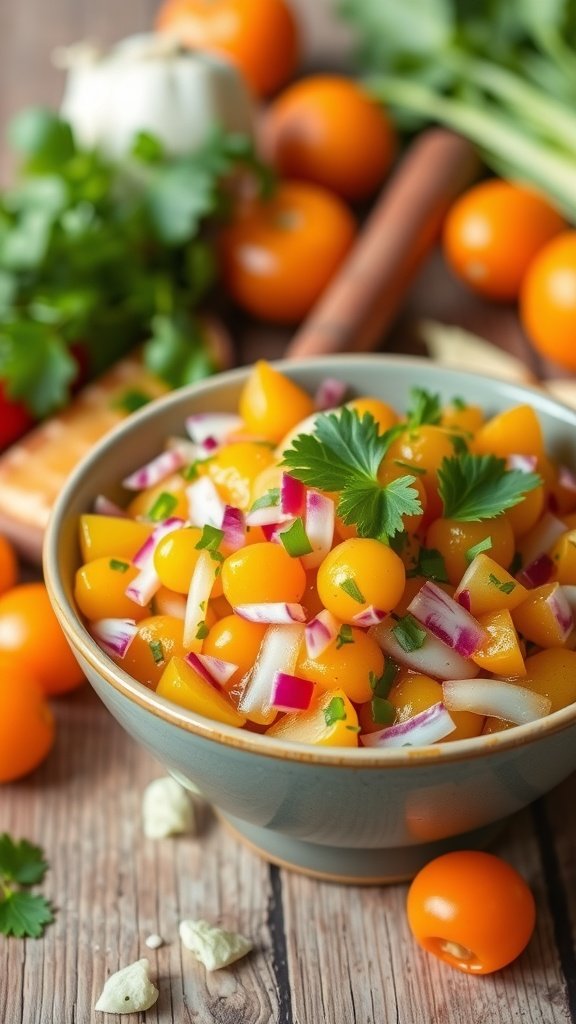 Zesty Kumquat Relish Recipe A bowl of bright kumquat relish with herbs and red onion, perfect for garnishing dishes.