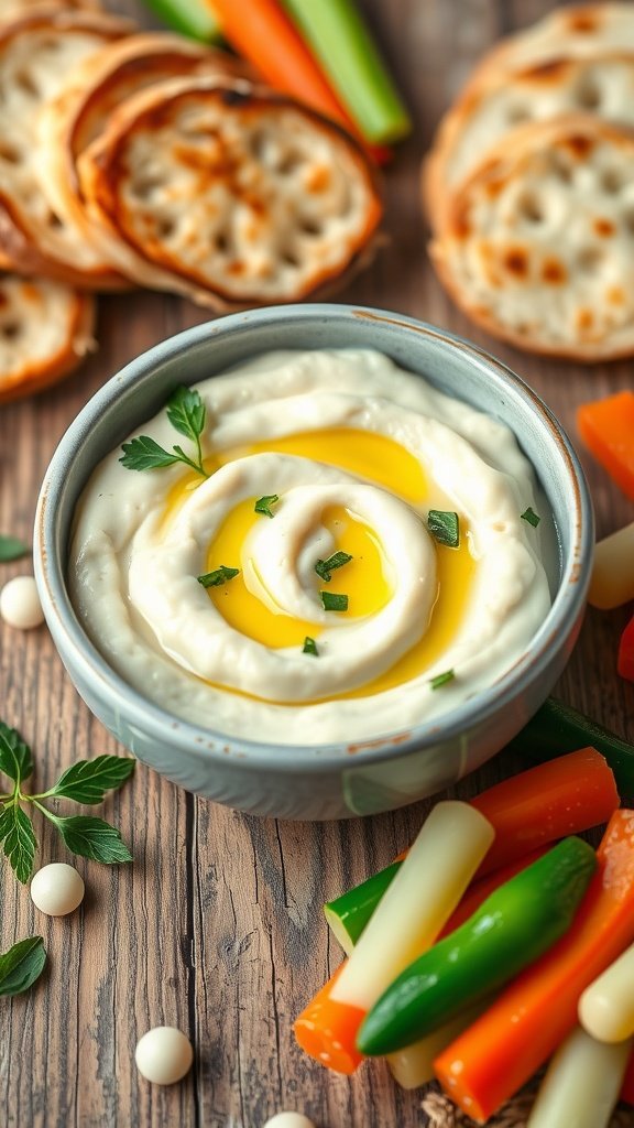 Creamy White Bean Puree Recipe A bowl of white bean puree with olive oil and herbs, surrounded by toasted bread and vegetables.