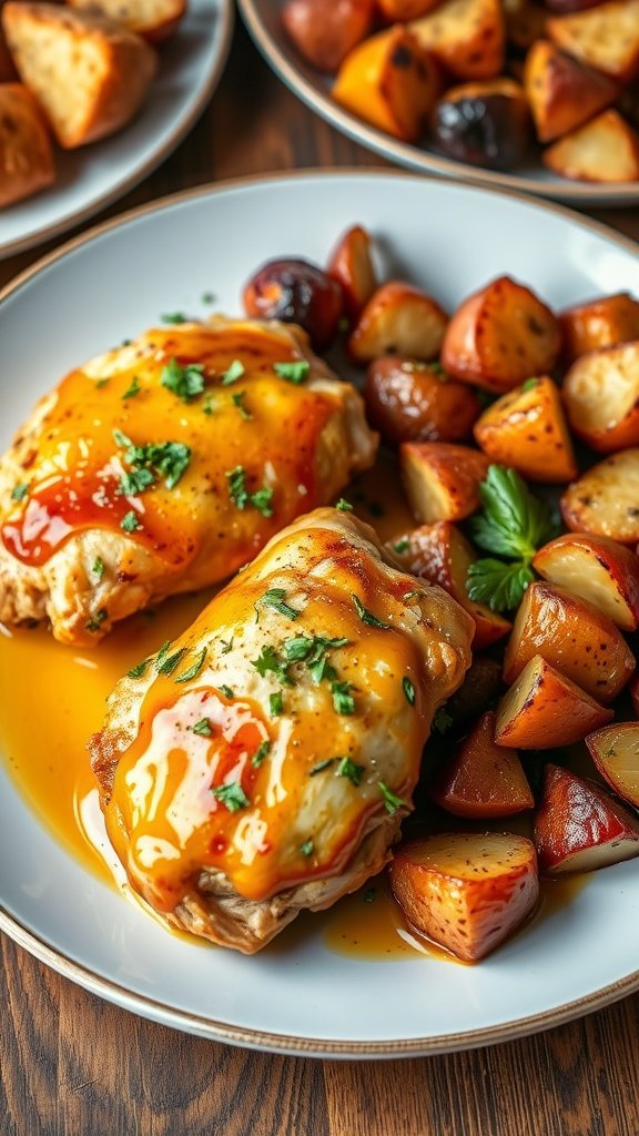 Savory Baked Honey Mustard Chicken Thighs with Fresh Herbs Baked honey mustard chicken thighs garnished with herbs, served with roasted vegetables on a rustic table.