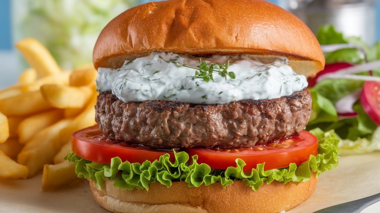 Herbed Tzatziki Sauce Hamburger Recipe A Herbed Tzatziki Sauce Hamburger with beef patty, lettuce, tomato, and tzatziki sauce on a bun, served with fries and salad.