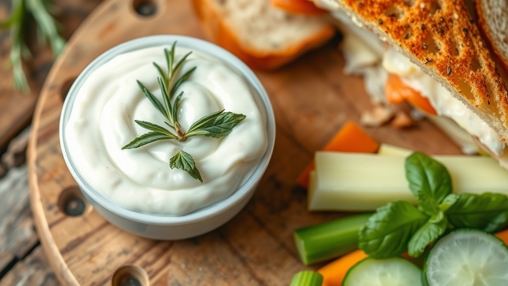 Herb-Infused Rosemary Mint Mayonnaise A bowl of rosemary mint mayonnaise garnished with herbs, next to a sandwich and vegetable sticks.