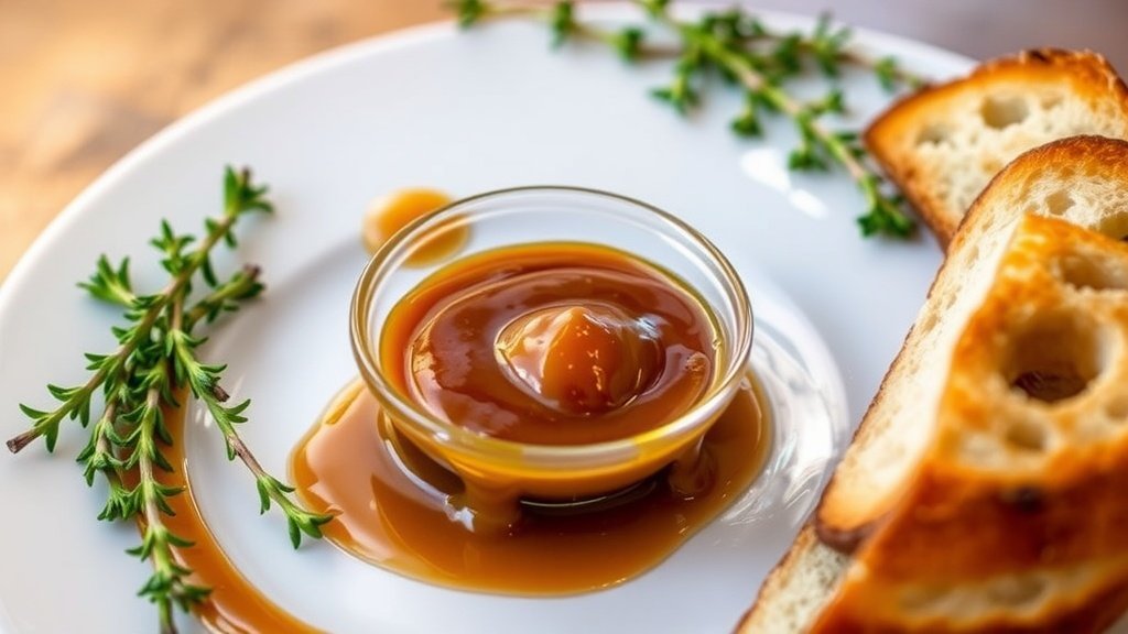 A bowl of caramelized onion coulis with sprigs of thyme and slices of bread.