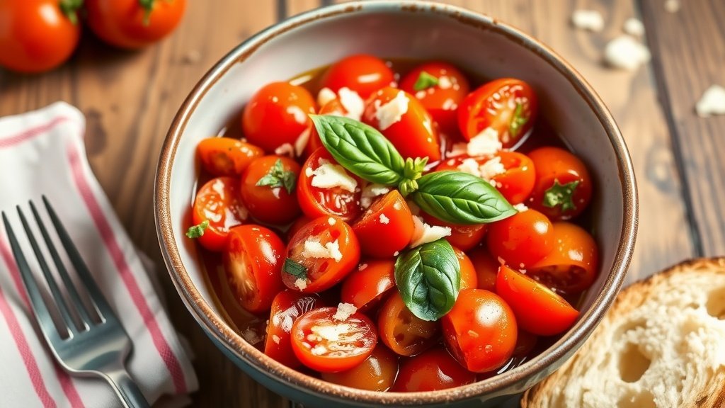 Quick and Flavorful Flash Sautéed Fresh Cherry Tomato Sauce A delicious bowl of sautéed cherry tomato sauce with basil and Parmesan, served with bread.