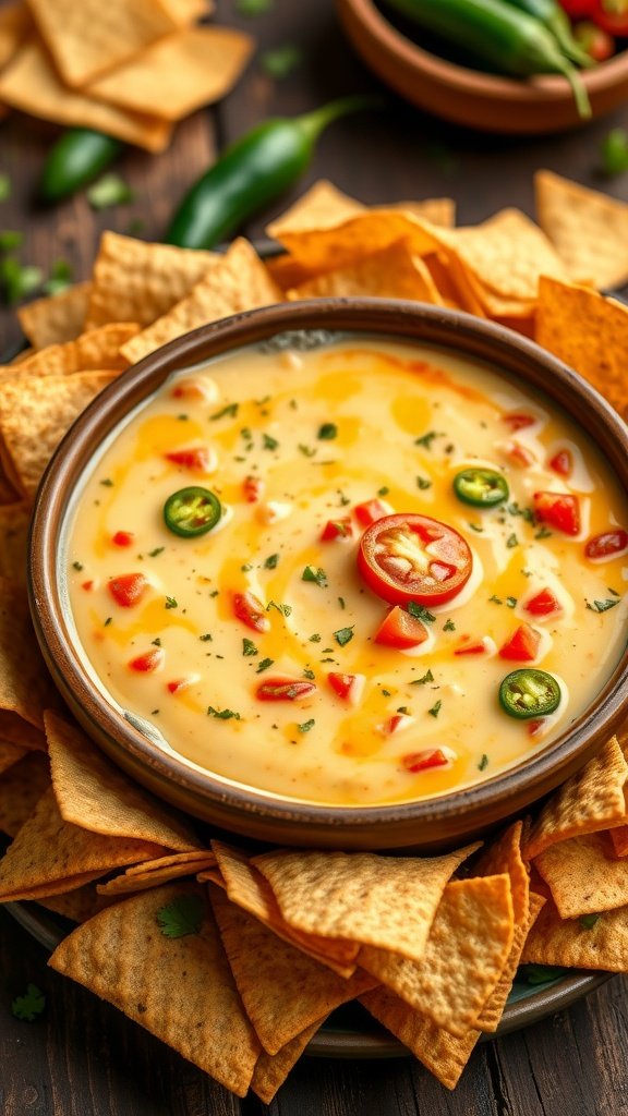 Zesty Mexican Spicy Cheese Queso Dip A delicious bowl of spicy cheese queso dip with tortilla chips, garnished with jalapeños and cilantro on a wooden table.