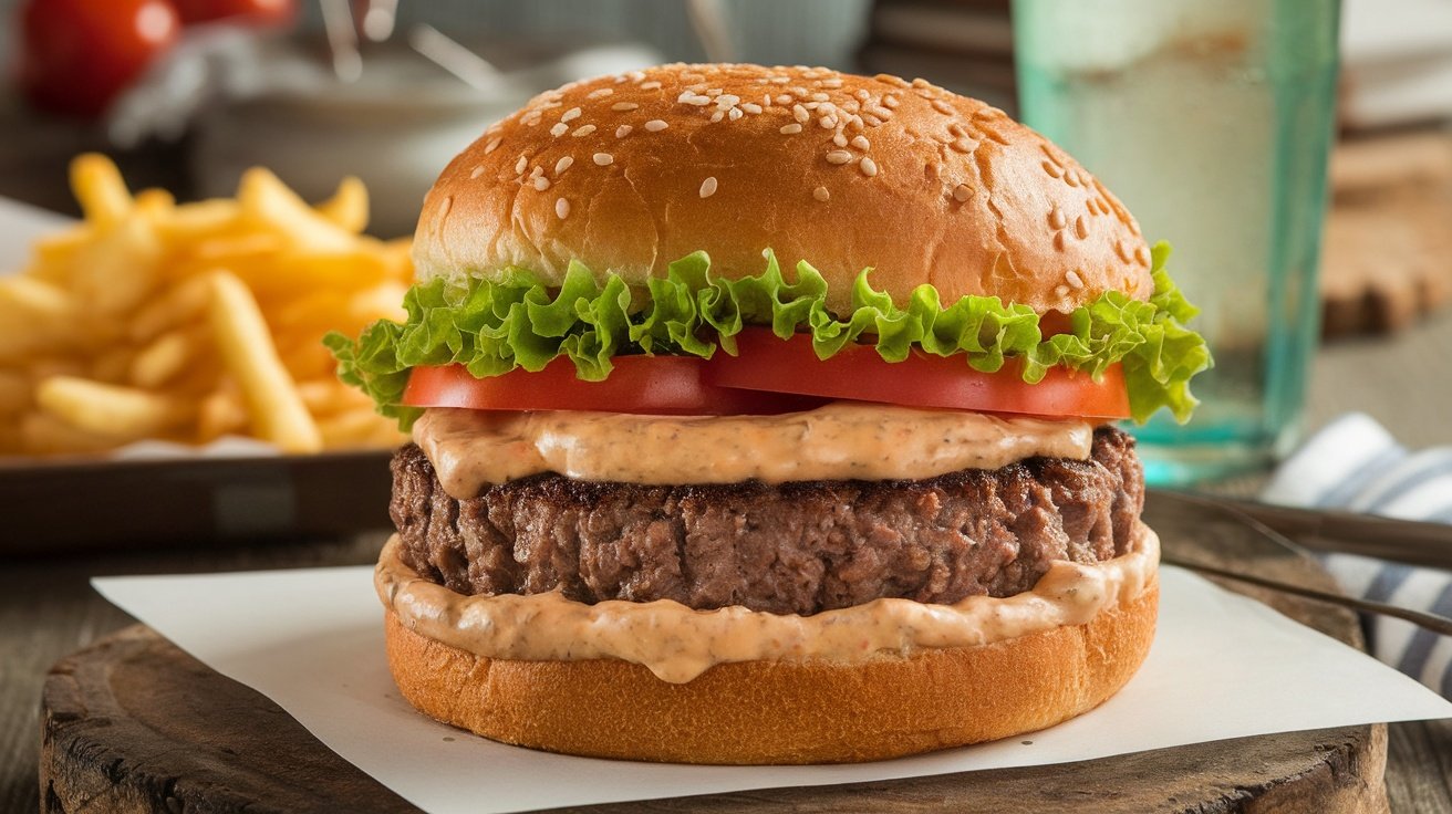 Spicy Chipotle Mayo Hamburger Recipe A mouthwatering hamburger with chipotle mayo, lettuce, and tomato on a wooden table with fries.