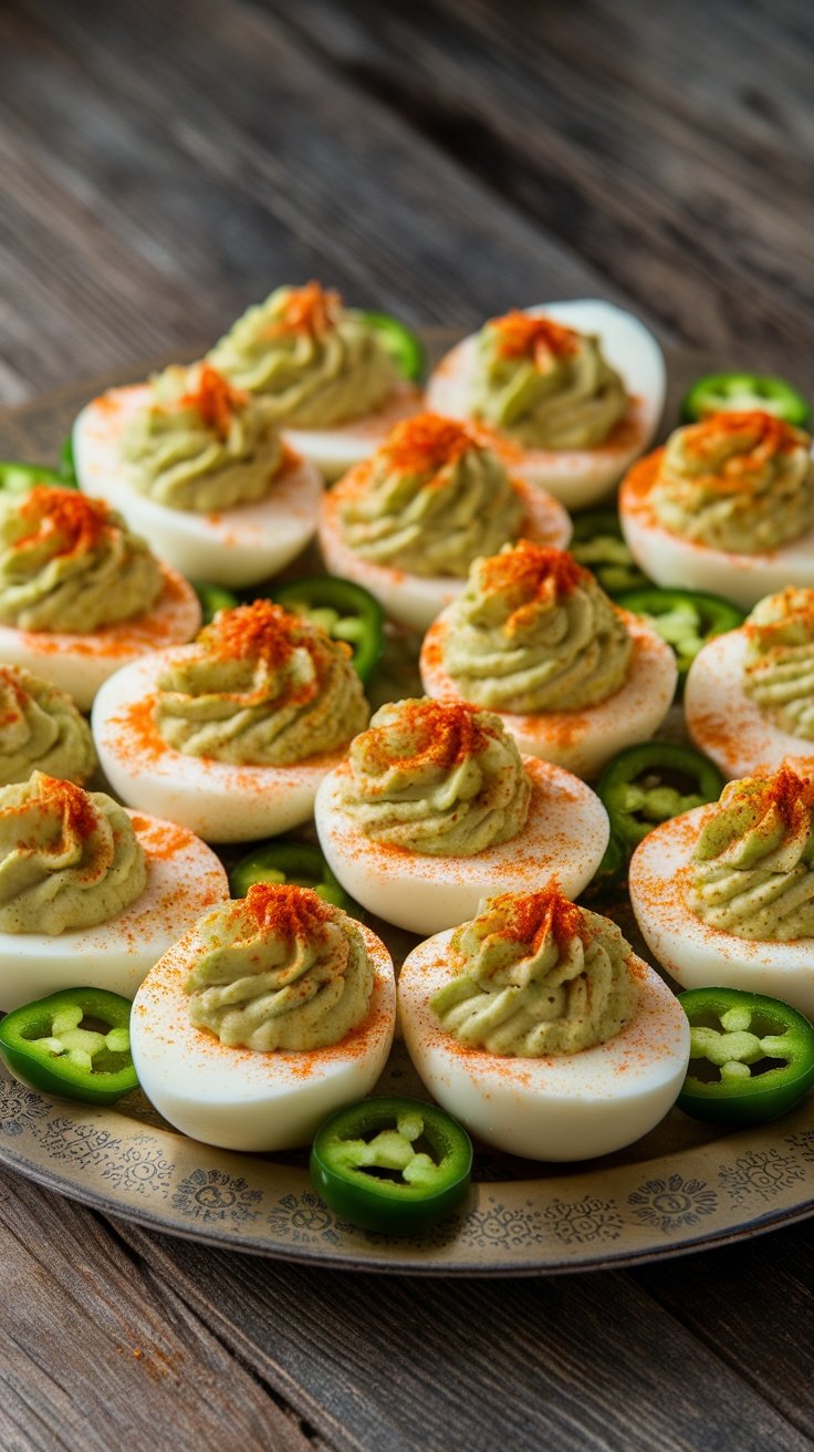 Spicy Pickled Jalapeño and Cheddar Deviled Eggs A plate of deviled eggs with pickled jalapeño and cheddar, garnished with paprika and jalapeño slices.