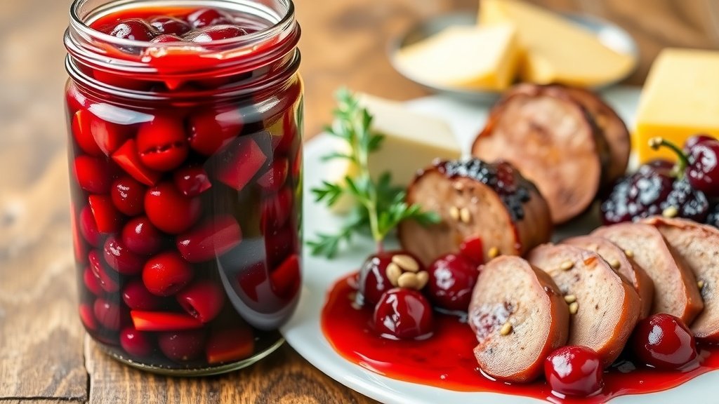 Chunky Cherry Mostarda Sauce Recipe A jar of chunky cherry mostarda sauce with cherries and mustard seeds, served with roasted meat and cheese on a wooden table.