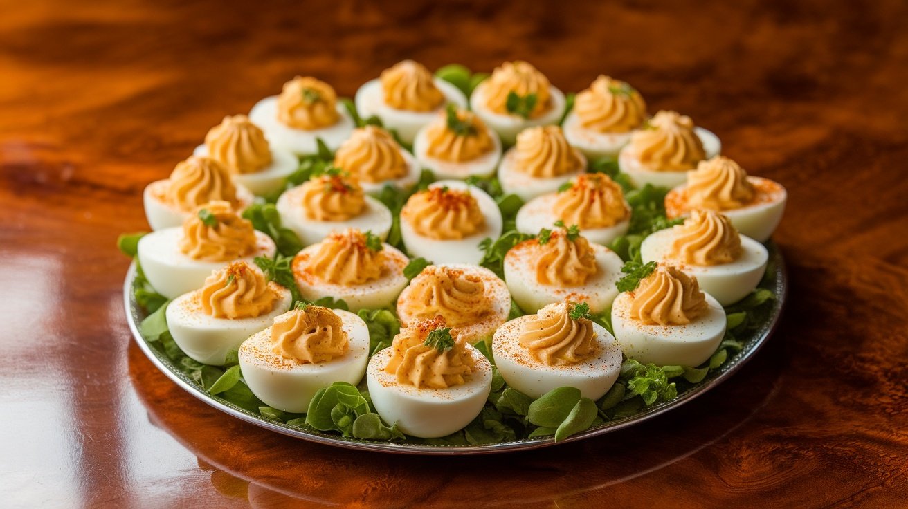 Classic Dijon Mustard Deviled Eggs Recipe A platter of deviled eggs garnished with paprika and herbs, showcasing a creamy filling.
