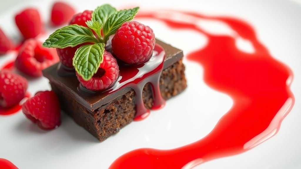 Delicious Raspberry Coulis Recipe A dessert plate with raspberry coulis drizzled over chocolate cake, garnished with fresh raspberries.