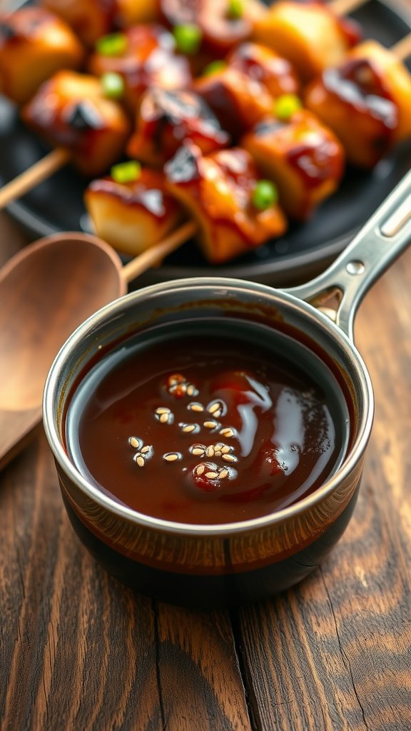 Savory Yakitori Sauce Recipe A saucepan of glossy yakitori sauce with sesame seeds and green onions, alongside grilled skewers on a wooden table.