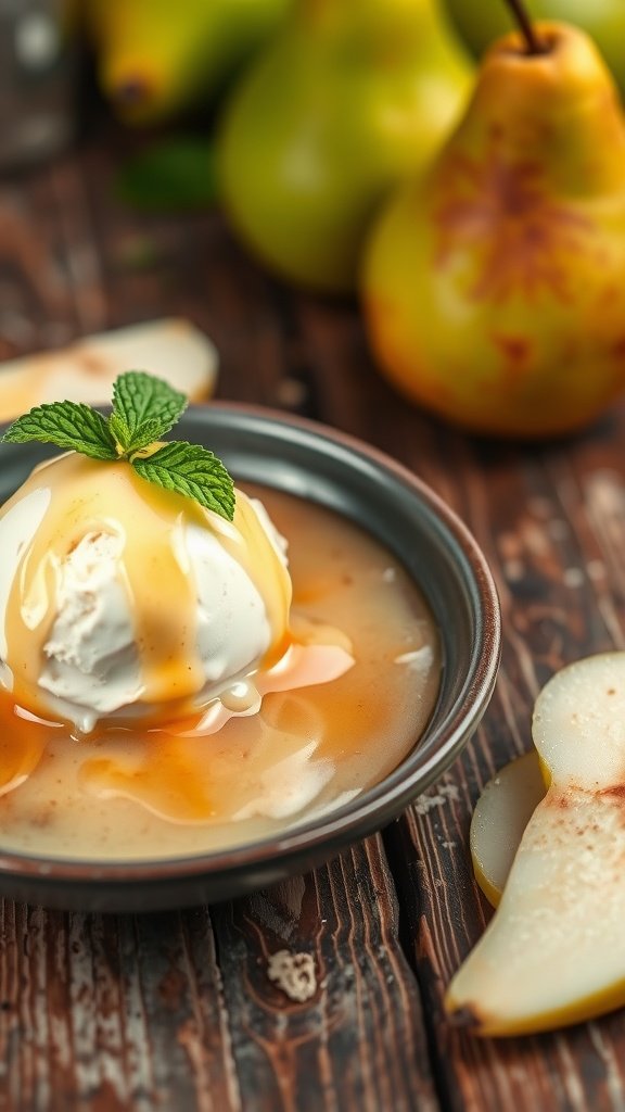 Delicious Pear Coulis Recipe Pear coulis drizzled over vanilla ice cream with fresh pears in the background.