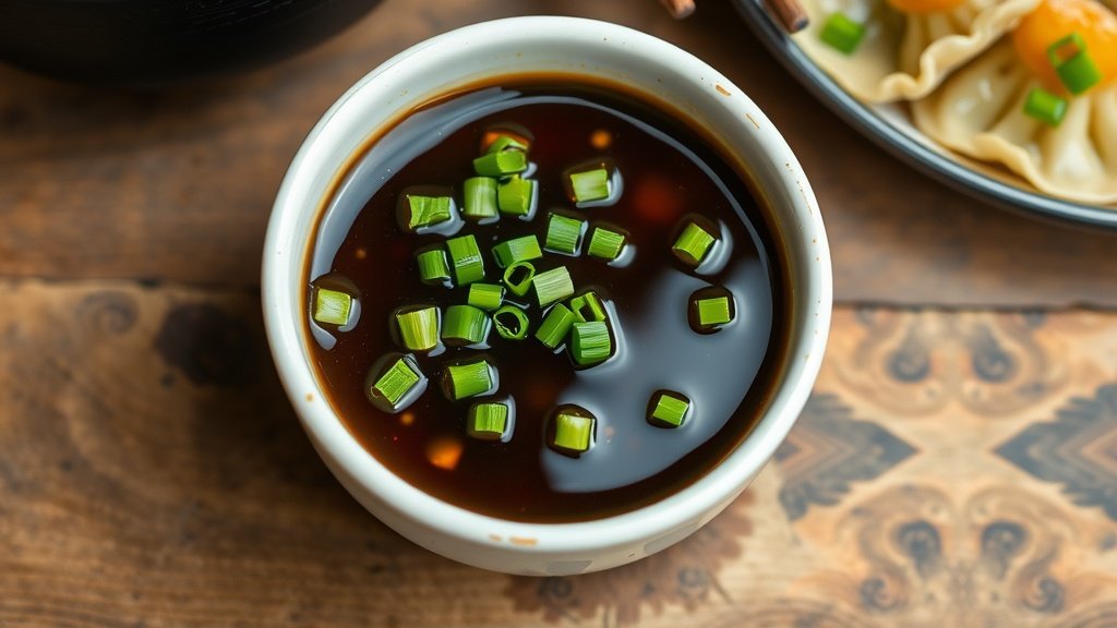 Savory Soy Ginger Butter Sauce Recipe Glossy soy ginger butter sauce in a bowl, garnished with green onions, on a rustic table with dumplings.