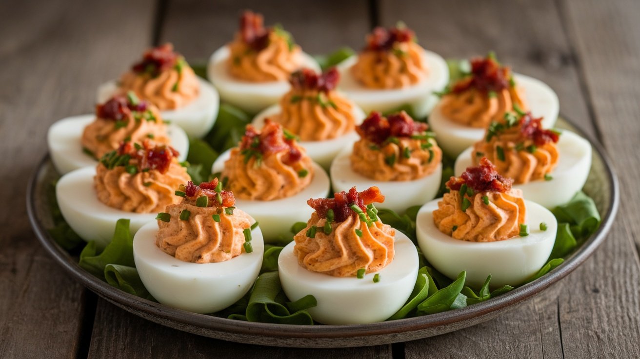 Smoky Chipotle Bacon Deviled Eggs on a wooden platter, garnished with chives.