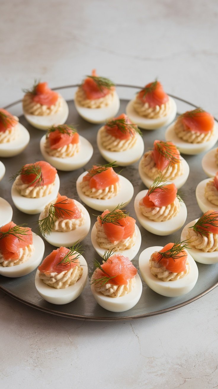 Smoked Salmon and Dill Deviled Eggs Recipe A platter of deviled eggs with smoked salmon and dill, elegantly presented.