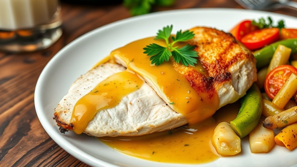 Rich Dijon Cognac Cream Sauce Recipe A close-up of creamy Dijon cognac sauce over chicken, garnished with parsley on a white plate.
