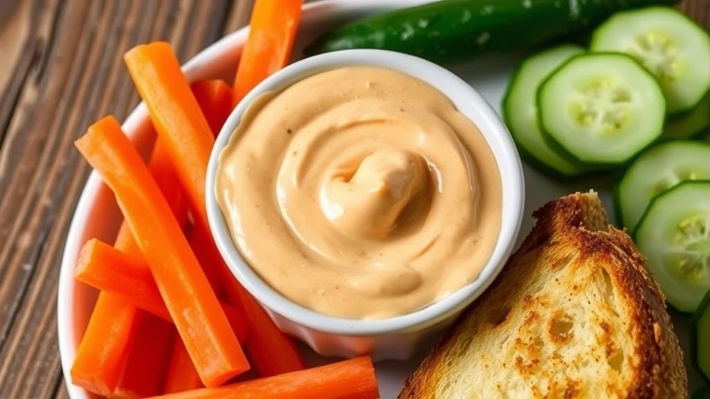 A bowl of smoky red pepper mayonnaise with fresh vegetables for dipping on a rustic table.