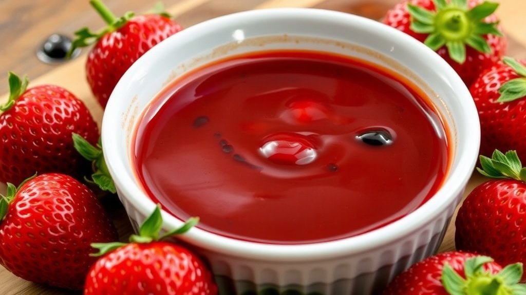 Sweet and Tangy Strawberry Balsamic Sauce A bowl of strawberry balsamic sauce surrounded by fresh strawberries on a rustic wooden table.