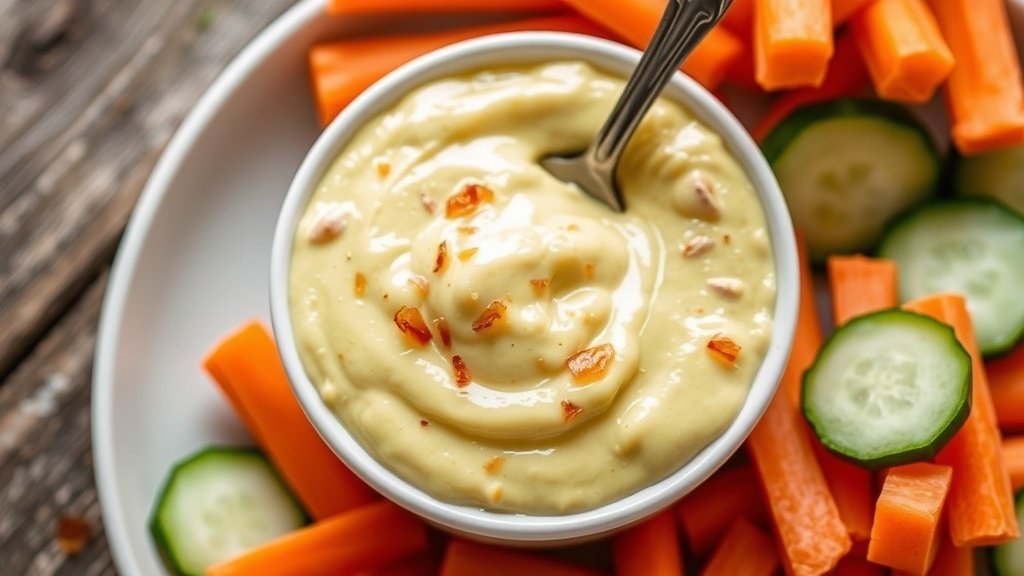 A bowl of sweet onion curry mayonnaise with fresh vegetables on a wooden table.