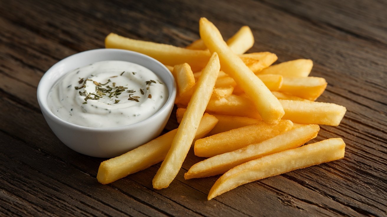 Creamy ranch dressing in a bowl with crispy French fries on a wooden table.
