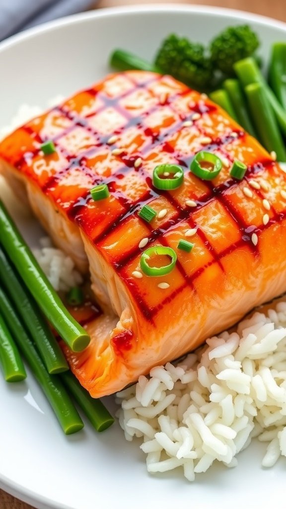 Grilled Salmon with Soy-Mirin Sauce Grilled salmon with soy-mirin sauce garnished with green onions and sesame seeds, served with rice and vegetables.