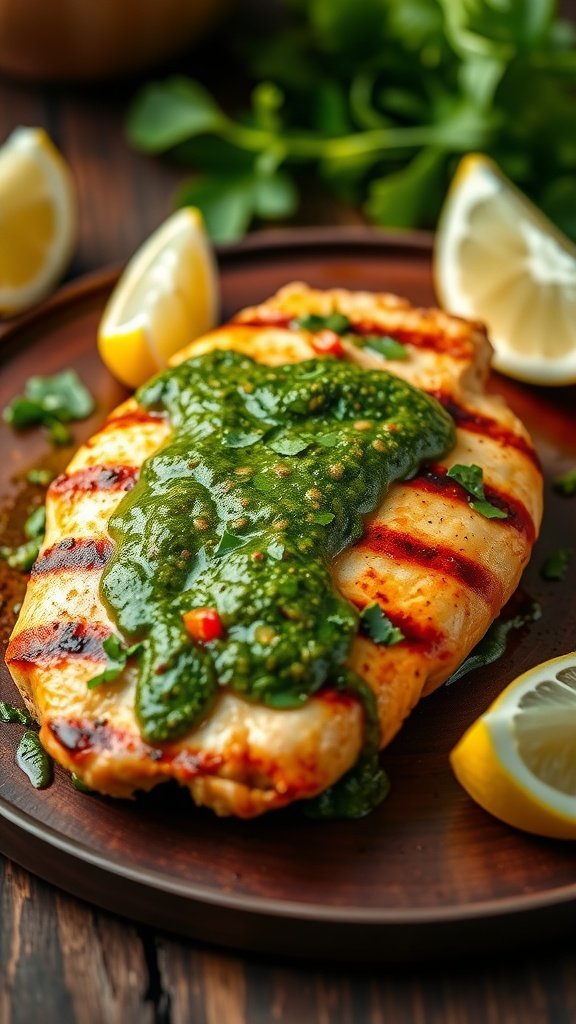 Flavorful Grilled Chimichurri Chicken Breasts Grilled chicken breast with chimichurri sauce and lemon wedges on a wooden table.