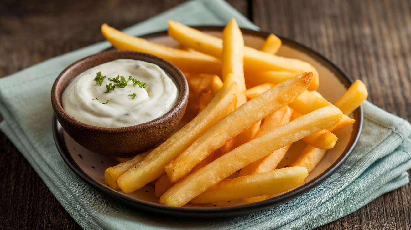 Bowl of garlic aioli sauce beside a plate of crispy French fries, garnished with parsley.