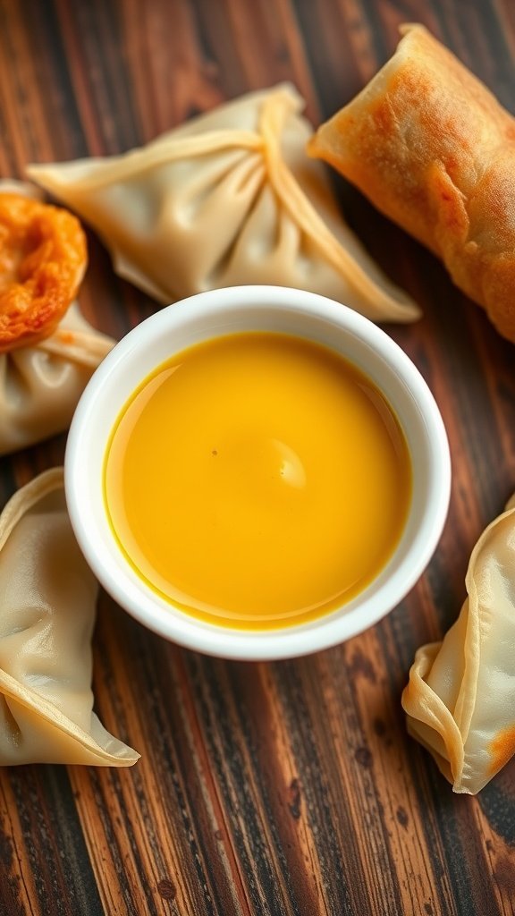 Spicy and Tangy Chinese Mustard Sauce A bowl of Chinese mustard sauce with dumplings and spring rolls on a wooden table.