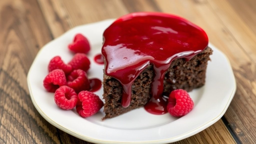 Decadent Raspberry Truffle Sauce Decadent raspberry truffle sauce drizzled over chocolate cake with fresh raspberries.