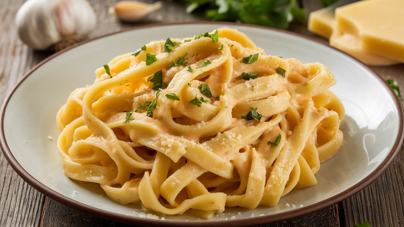 Rich and Creamy Garlic Parmesan Sauce Creamy garlic parmesan sauce over fettuccine pasta, garnished with parsley on a rustic wooden table.
