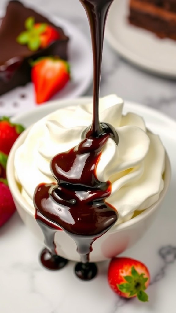Bowl of whipped cream chocolate sauce drizzled over a dessert with strawberries and a slice of chocolate cake.